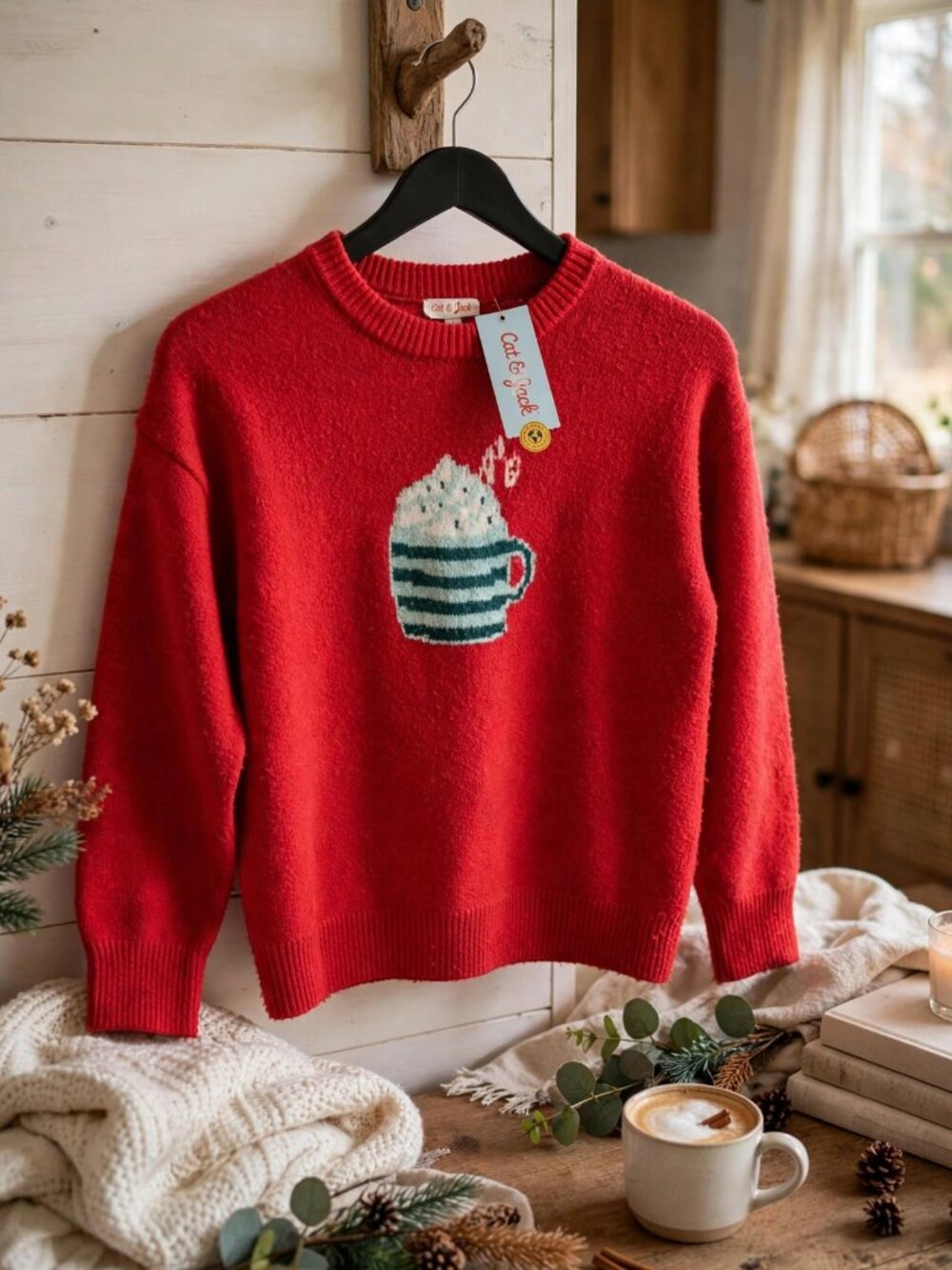NWT Cat & Jack Kids Red Hot Cocoa Sweater L 10/12